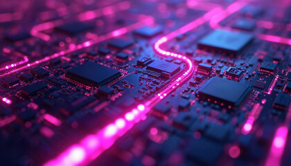 Close up of purple glowing circuit board with microchips, electronic components. Data flow pathways illuminate with pink light on computer motherboard. Technology concept illustration with detailed