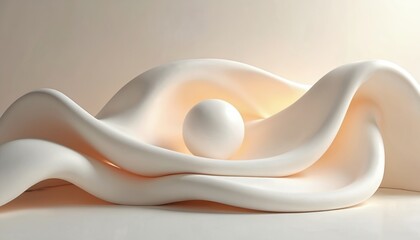 Abstract smooth curves, sphere create modern design. Light plays on surface. Elegant minimal illustration suits ads, posters, presentations, websites. Works well in graphic design for business cards,