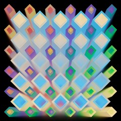 Iridescent diamond grid with pastel tones shimmers with neon light across a dark background. The prismatic effect feels calm and futuristic. 3D render illustration.