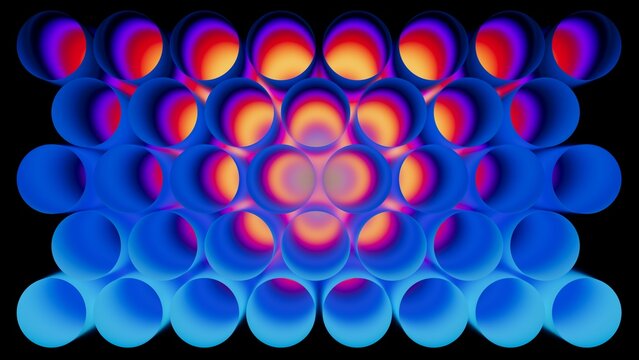 Layered neon blue and red circles overlap in a vibrant array. The glowing design pops on a black background. 3D render illustration.