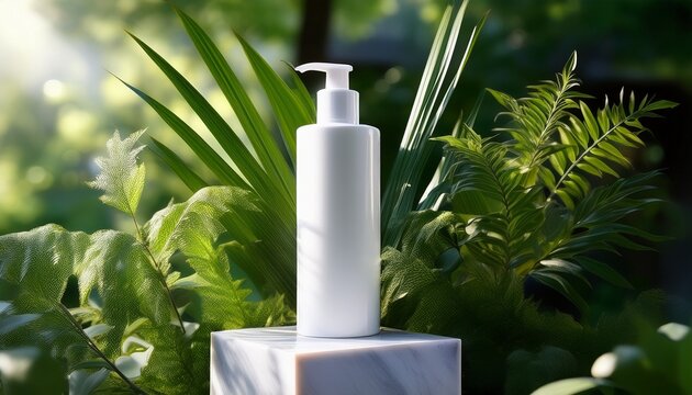 white cosmetic bottle on a marble pedestal surrounded by greenery sunlight casts shadows - Powered by Adobe