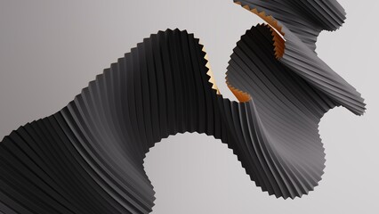 Abstract twisted ribbon fold in gold and black with luxury minimal touch. 3d render illustration.