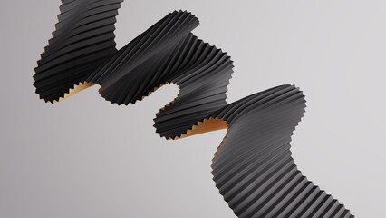 Golden folded ribbon zigzag sculpture with minimal futuristic background. 3d render illustration.