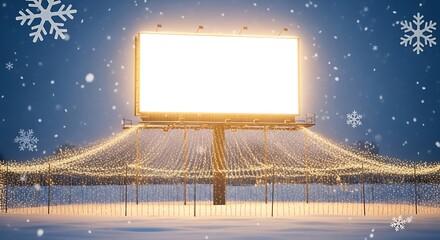 A captivating winter scene featuring a blank billboard illuminated by warm lights, set against a snowy backdrop with delicate snowflakes falling, creating a festive atmosphere