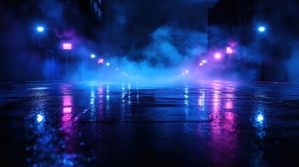 A misty urban street illuminated by colorful neon lights reflecting on wet pavement creates a moody, atmospheric scene.