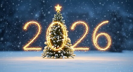 Festive 2026 New Year Background with Christmas Tree and Glowing Numbers