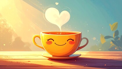 Whimsical illustration of a smiling teacup emitting heart-shaped steam against a sunlit background. The scene evokes warmth and cheer