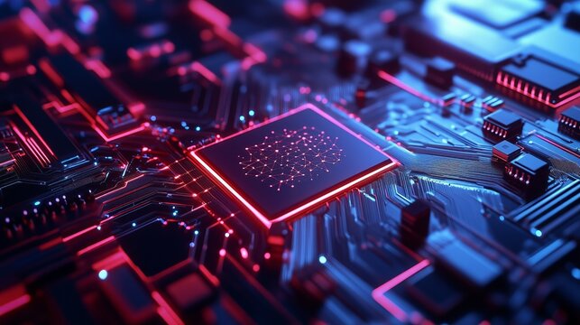 Advanced artificial intelligence processor unit on futuristic electronic hardware. Abstract AI processor concept showing advanced digital and data technology with blue and red lights. - Powered by Adobe