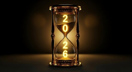 Golden Hourglass with 2026 Year Displayed, Time Passing Concept