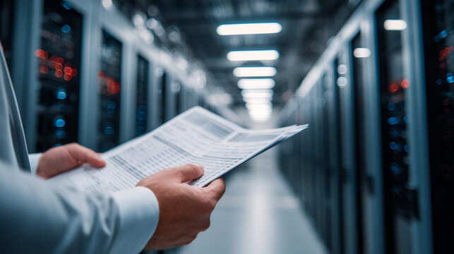 Point-of-View Shot of a Man Holding a Scorecard in a Data Center, Focus on Scorecard and High-Tech Environment