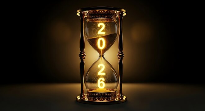 Golden Hourglass with 2026 Year Displayed, Time Passing Concept
