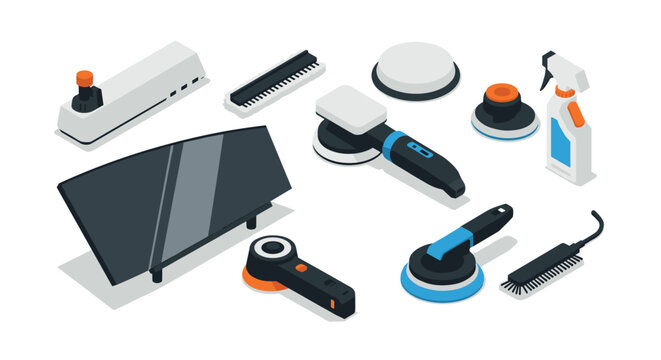 Isometric cleaning equipment set featuring modern vacuum and polishing tools