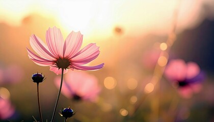 A close-up of a delicate pink cosmos flower, its petals illuminated by the warm glow of a setting sun, with soft bokeh in the background.