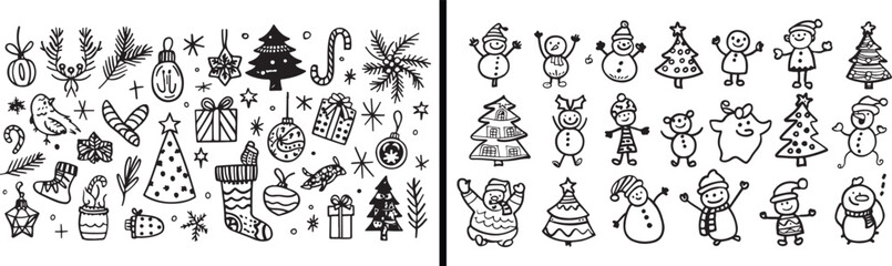 Santa Claus Illustration, Christmas Party Doodle, Holiday Decoration Art, Santa with Gifts Sketch, Christmas Tree Vector, Cute Reindeer Cartoon, Winter Celebration Design, Holiday Spirit Drawing, Chri © Geetaroy
