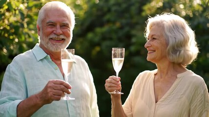 Happy senior couple toasting with champagne glasses outdoors celebrating a special occasion with joy and laughter in a beautiful garden setting during golden hour. - Powered by Adobe