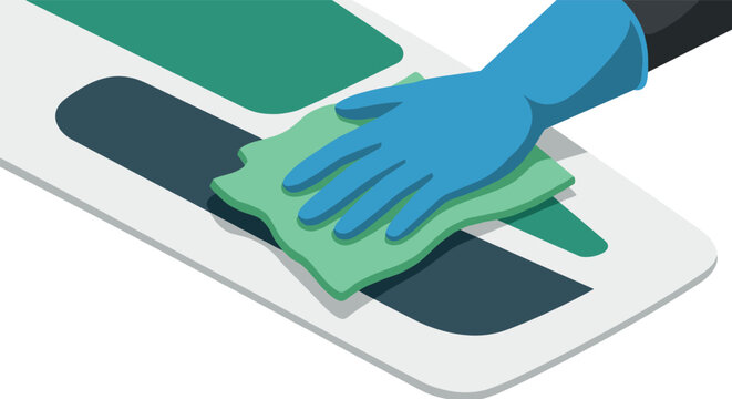 Isometric cleaning concept hand in blue glove wiping surface with cloth