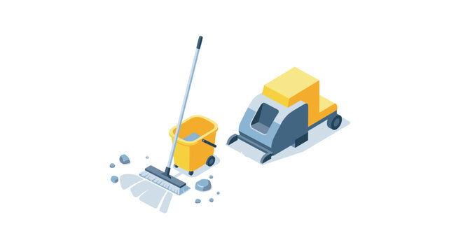 Isometric cleaning equipment with mop, bucket, and floor scrubber
