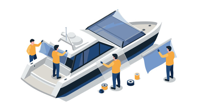 Team of workers applying protective film on luxury yacht in isometric style