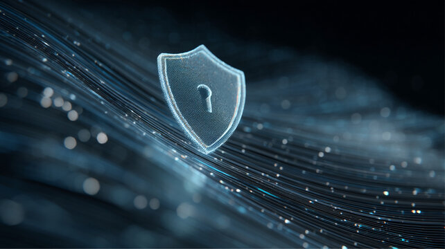 3D Security Icon with Glowing Lock, Abstract Digital Lines and Particles, Blue and Silver Gradient, Futuristic High-Tech Data Protection Concept