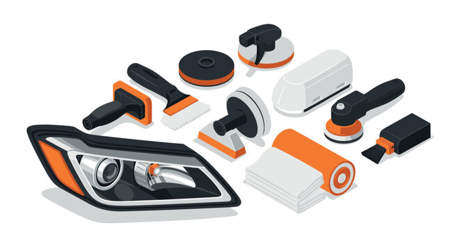 Car headlight restoration set with polishing tools in modern isometric style
