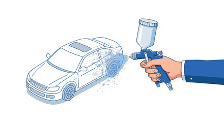 Car painting process with spray gun and outline vehicle in modern flat design