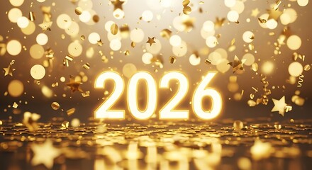 Golden 2026 New Year Celebration with Confetti and Bokeh Lights Background