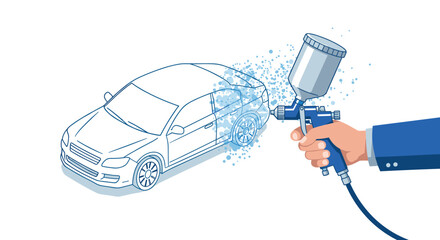 Car painting process with spray gun in isometric line art style