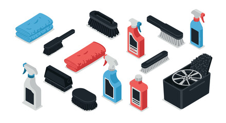 Isometric car cleaning tools with brushes, detergents, and bucket