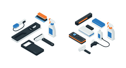 Isometric cleaning tools set with brushes, sprays, and scrapers in blue and orange