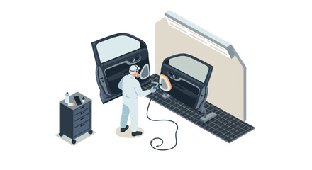 Isometric car door painting process in auto workshop with professional worker and equipment