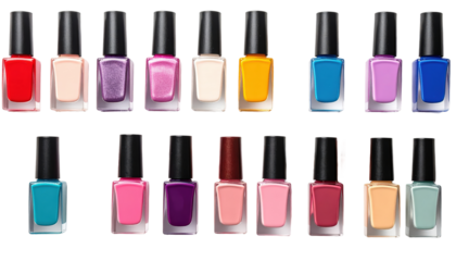 Assorted Nail Polish Bottles in Bright Colors on Transparent Background for Beauty and Fashion