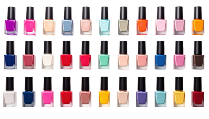 Assorted Nail Polish Bottles in Bright Colors on Transparent Background for Beauty and Fashion