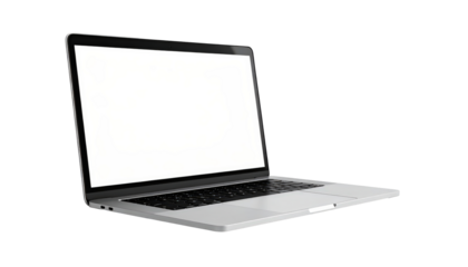 Sleek Silver Laptop Open With White Screen Against Transparent Background for Tech, Work, and Education