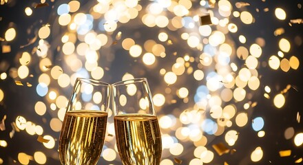 Festive Champagne Toast with Bokeh Lights and Confetti for Celebration