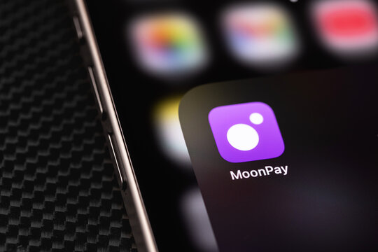 MoonPay mobile icon app on a screen smartphone iPhone closeup. MoonPay is a financial technology company that acts as a payment gateway. Batumi, Georgia - September 7, 2025