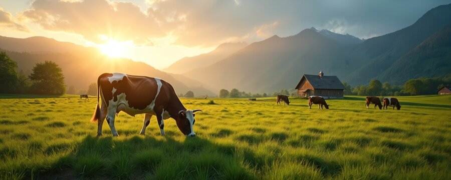 Brown and white cow grazes on rich green field. Mountains rise behind barn and trees. Warm sunset light illuminates peaceful farm scene. Cattle feed on grassy meadow at dusk.