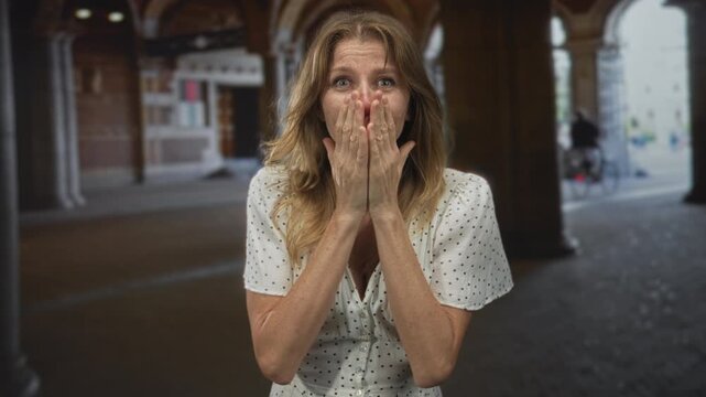 Woman showing hands over mouth and raised fists, polka dot dress standing under building arches with a bicycle passing behind; surprise reaction.