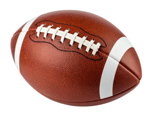 A classic brown leather football with white laces and stripes