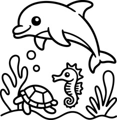 Simple and adorable ocean animals like dolphin, turtle, and seahorse in a coloring book