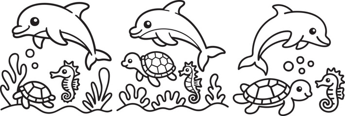 Simple and adorable ocean animals like dolphin, turtle, and seahorse in a coloring book