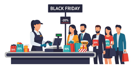 Obraz premium Customers with shopping bags standing in line at the checkout counter during a Black Friday sale. Flat Vector Illustrations. EPS Editable