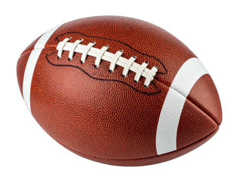 A classic brown leather football with white laces and stripes