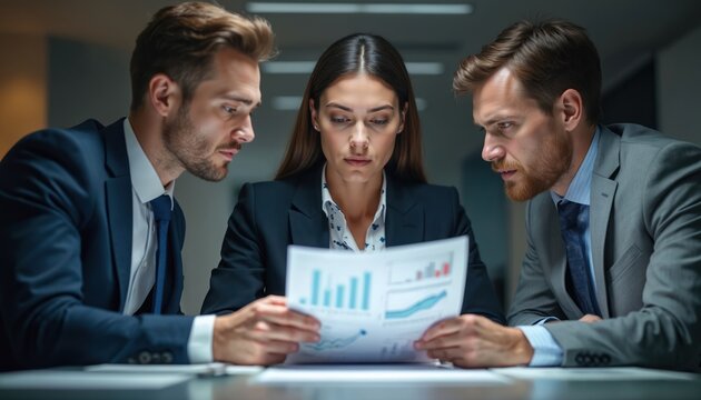 Three business people in suits at table review charts, graphs. Colleagues analyze data, discuss reports. Team works together, focused on financial growth. Teamwork in office.