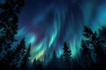 Stunning aurora borealis dances across star-filled night sky above silhouetted pine forest creating magical, ethereal wonder