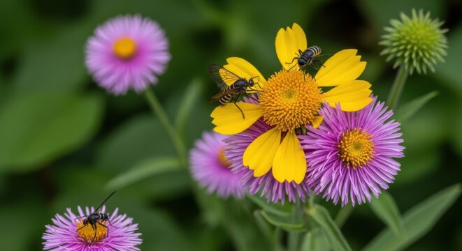 Bee Pollinating Colorful Spring Garden Blossoms 
