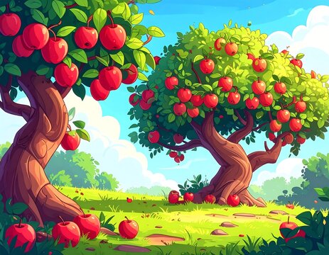 Whimsical illustration of two fruit-laden trees in a sunny meadow. Lush foliage and bright red apples create a cheerful, idyllic scene