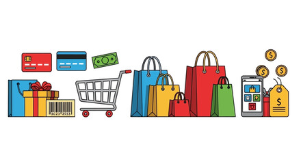 Colorful collection of online and retail shopping icons and symbols. Flat Vector Illustrations. EPS Editable