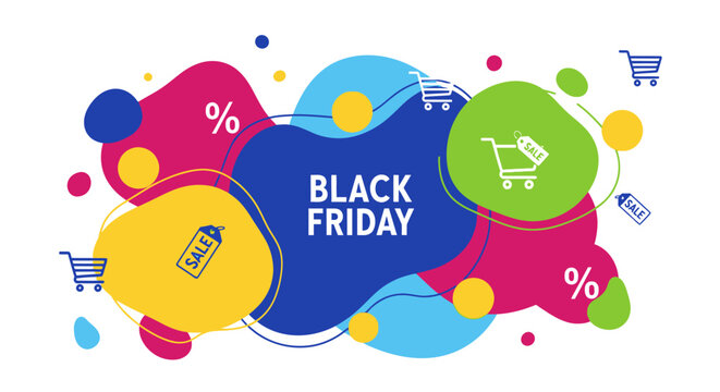 Colorful Black Friday sale banner with abstract liquid shapes and shopping icons. Flat Vector Illustrations. EPS Editable