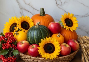 Autumn harvest bounty in a woven basket with pumpkins, sunflowers, apples, and berries, symbolizing thanksgiving and fall season