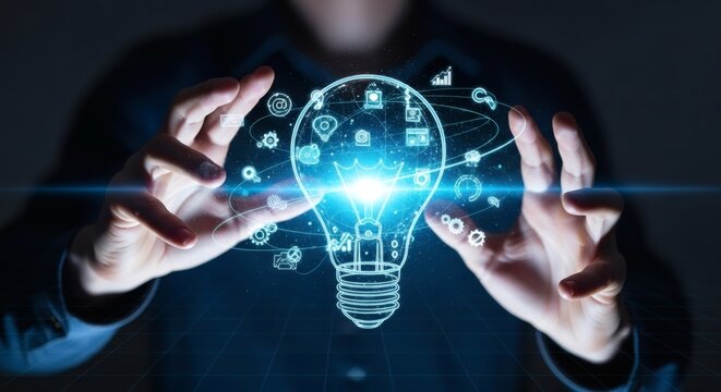 Digital Technology Bright Idea Innovation With Light Bulb Hologram
